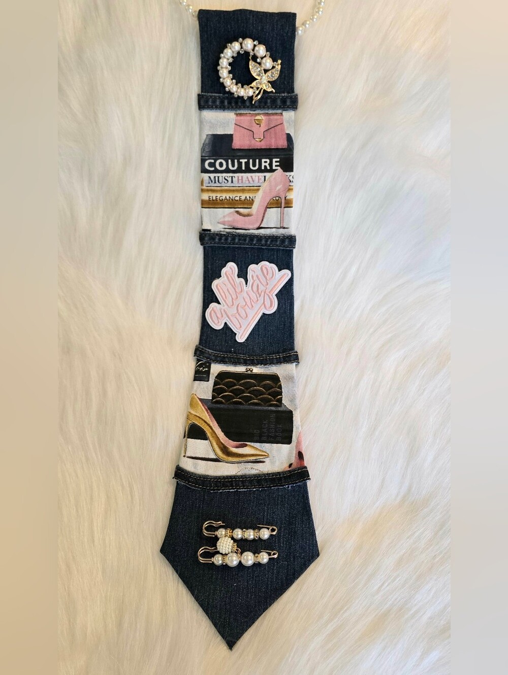 Denim & Pearl Necktie Necklace with Pink Accent